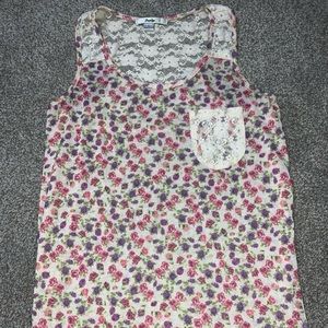 Tan Tank top + pink and purple flowers + lace top
